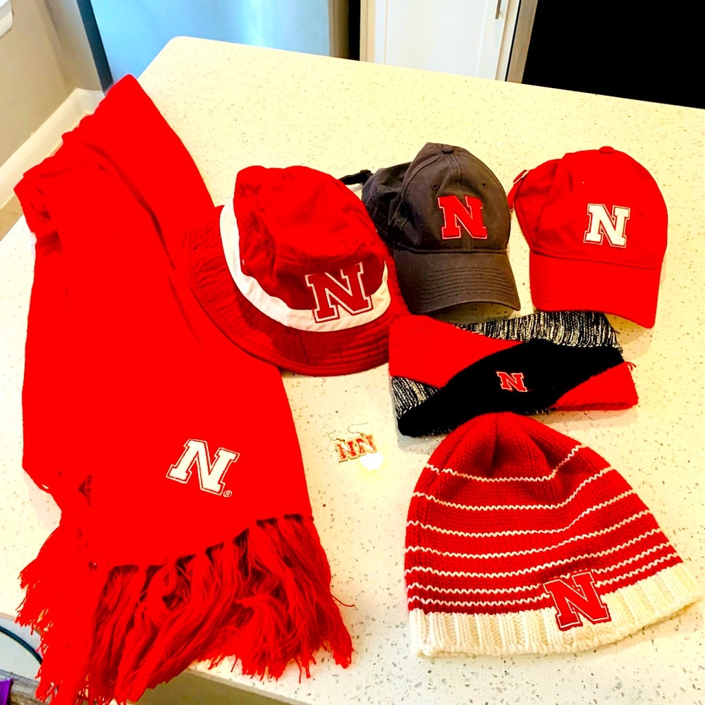 Lot of Husker Fangirl Gear! Hats, scarf, earrings